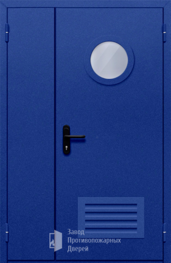 Фото двери «Полуторная с круглым стеклом и решеткой (синяя)» в Дубне