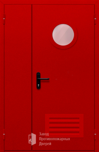 Фото двери «Полуторная с круглым стеклом и решеткой (красная)» в Дубне